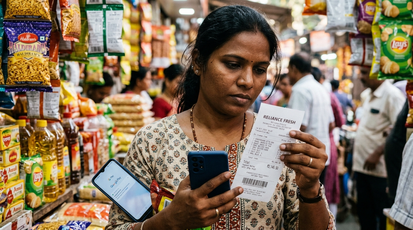Indian consumer reviewing retail store bill and payment options